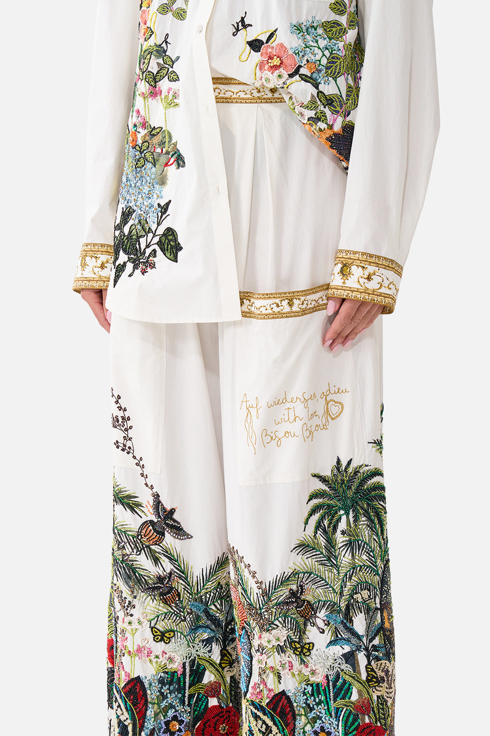 The CAMILLA Wide Leg Trouser with Front Pockets in our Wanderlust Empire print, detail view on model.