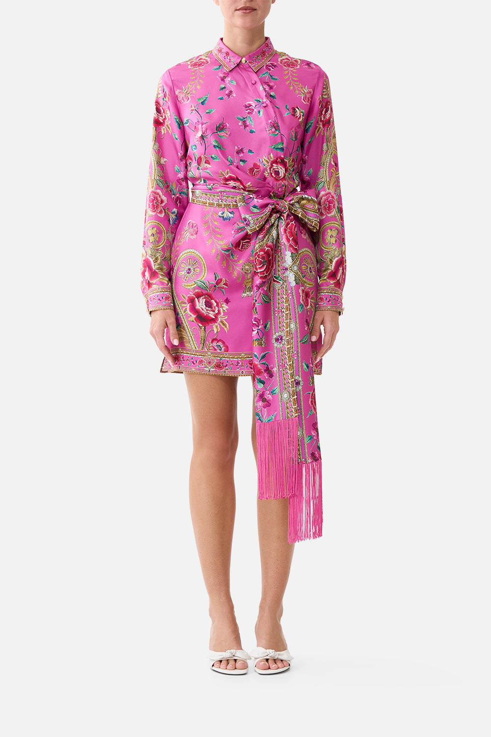 CAMILLA | Asymmetric Shirt Dress with Tie Waist Matadora Flora, L PINK | Matadora FLORA