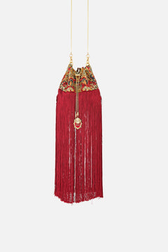 The CAMILLA Drawstring Pouch With Fringing in our Meet Me At The Met print.