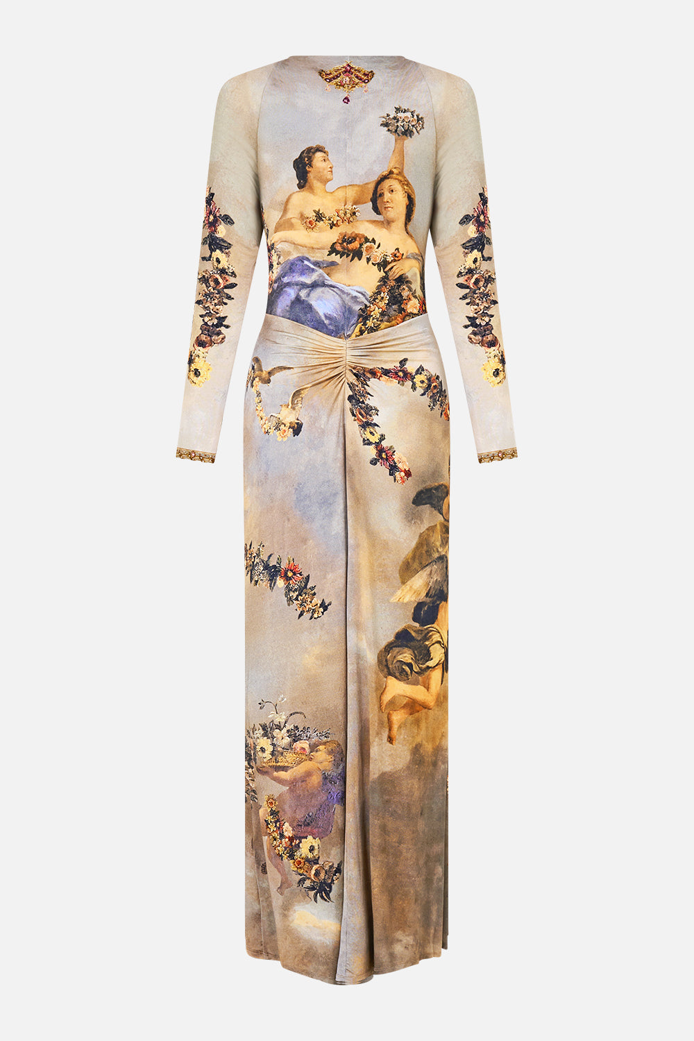 GATHERED V NECK LONG DRESS QUEEN OF BOHEMIA