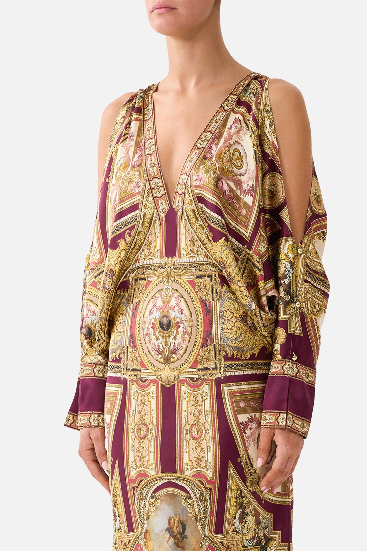 PLUNGE NECK DRAPED SHOULDER DRESS QUEEN OF BOHEMIA