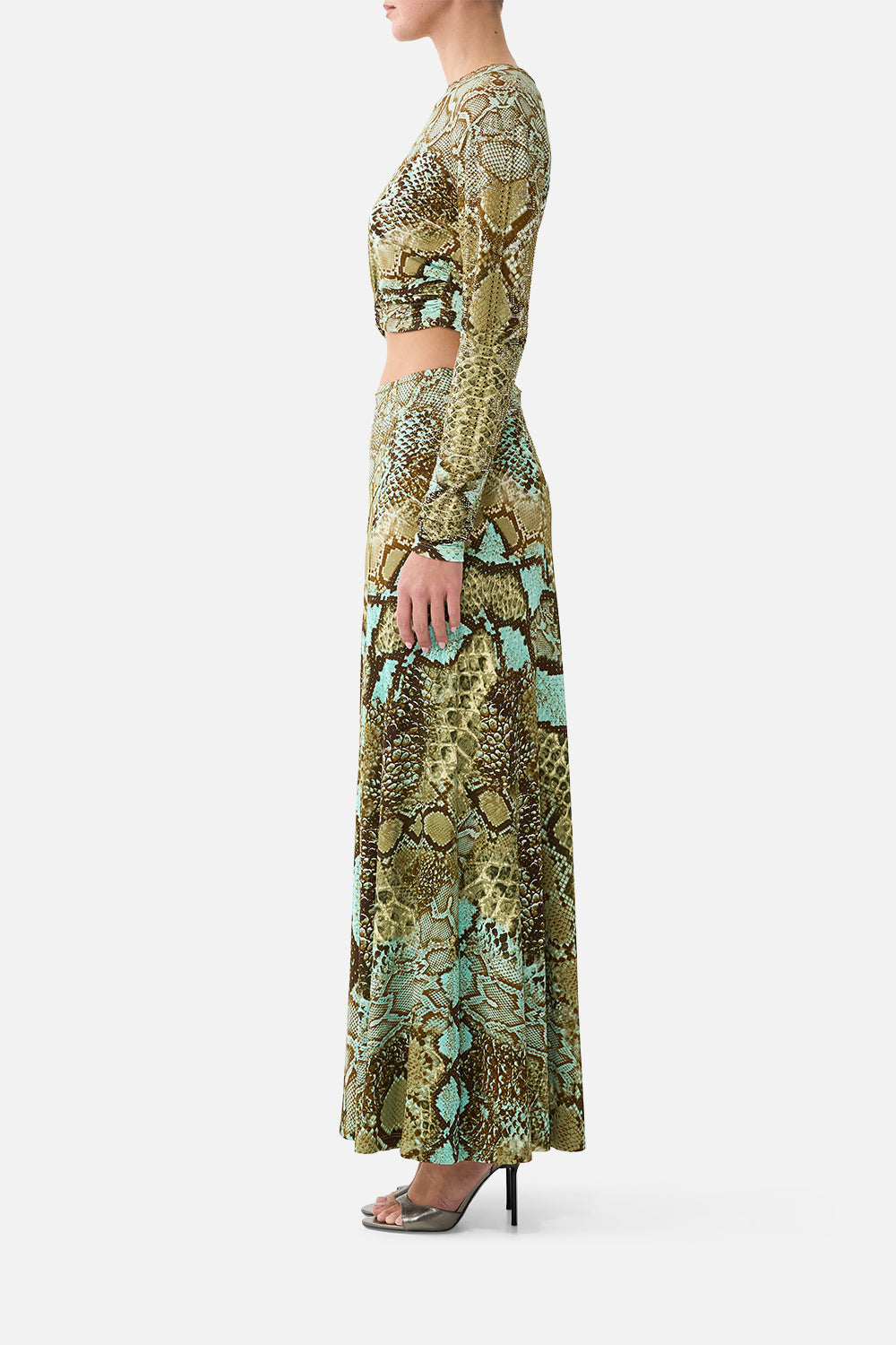 The CAMILLA Flared Hem Jersey Skirt in Print My Sweet Serpentine. Model View