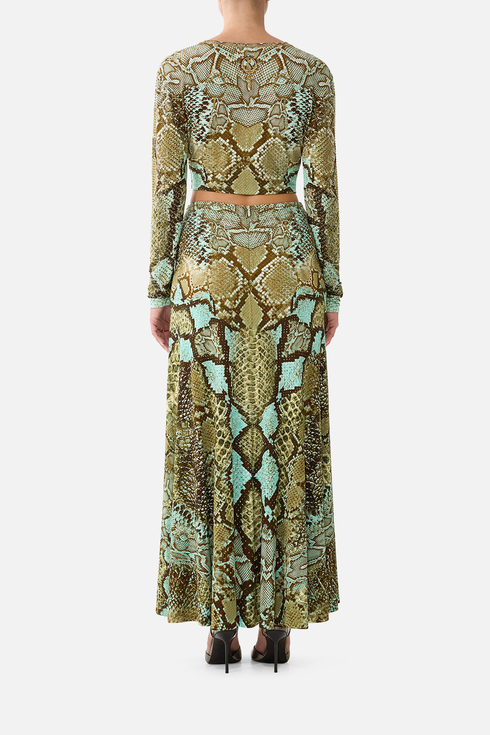 The CAMILLA Flared Hem Jersey Skirt in Print My Sweet Serpentine. Model View