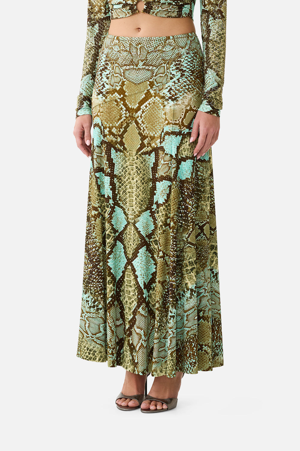 The CAMILLA Flared Hem Jersey Skirt in Print My Sweet Serpentine. Model View