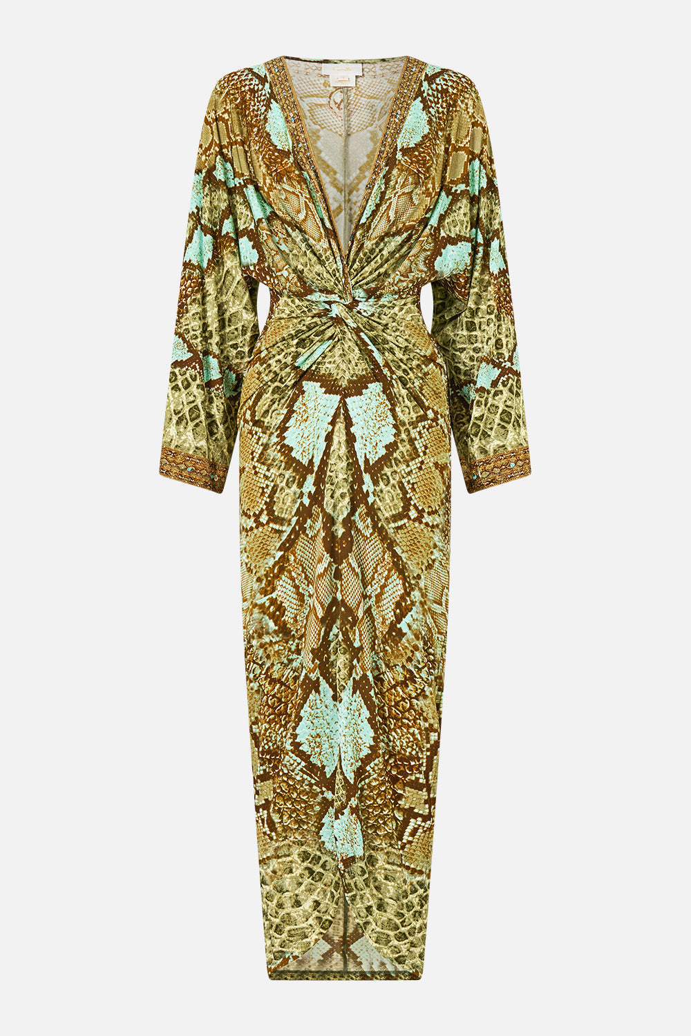 The CAMILLA Long Split Front Twist Dress in Print My Sweet Serpentine. Ghost View Front