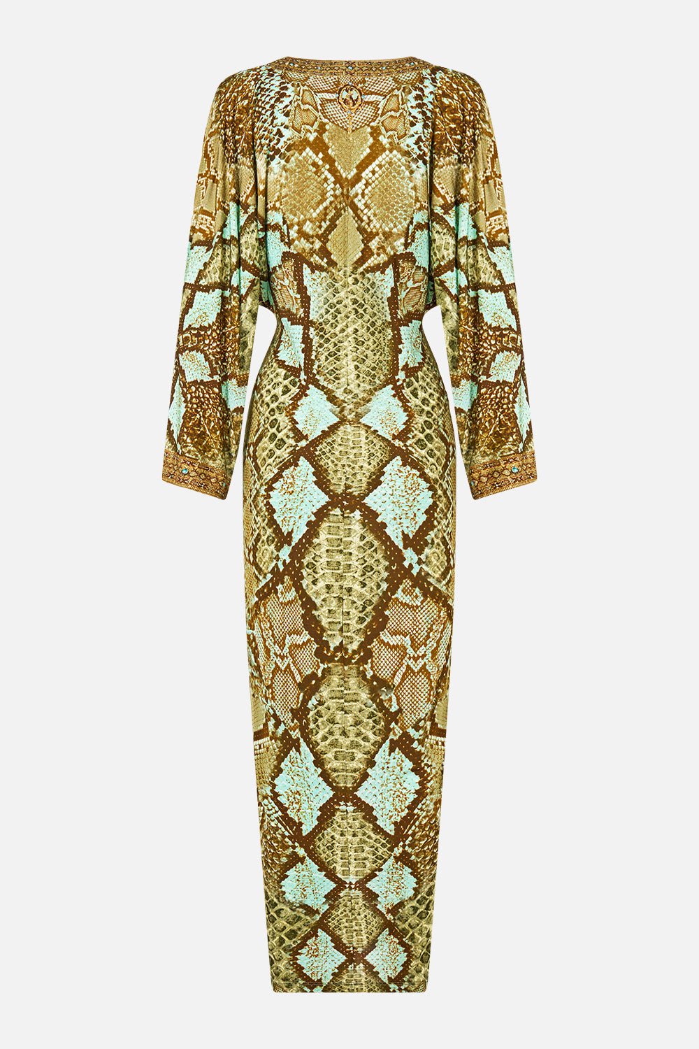 The CAMILLA Long Split Front Twist Dress in Print My Sweet Serpentine. Ghost View Back