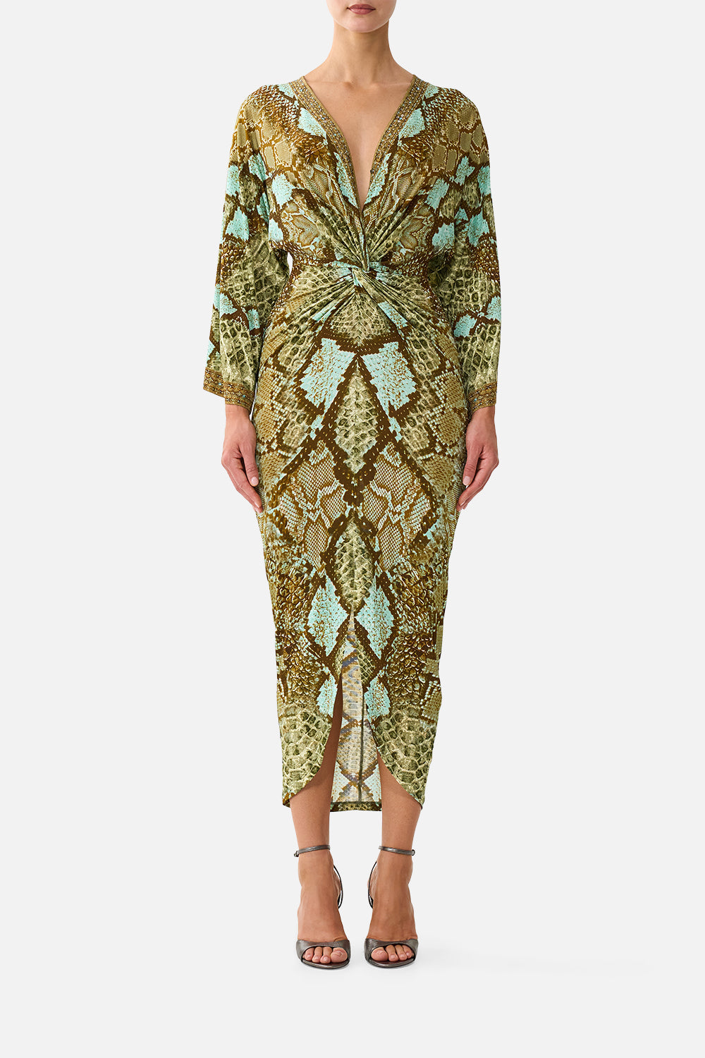 The CAMILLA Long Split Front Twist Dress in Print My Sweet Serpentine. Model View