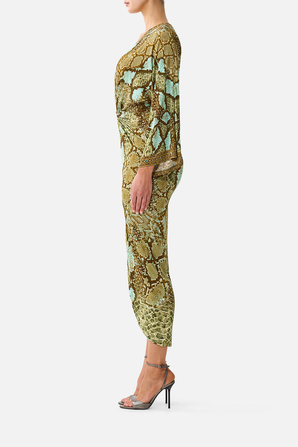 The CAMILLA Long Split Front Twist Dress in Print My Sweet Serpentine. Model View
