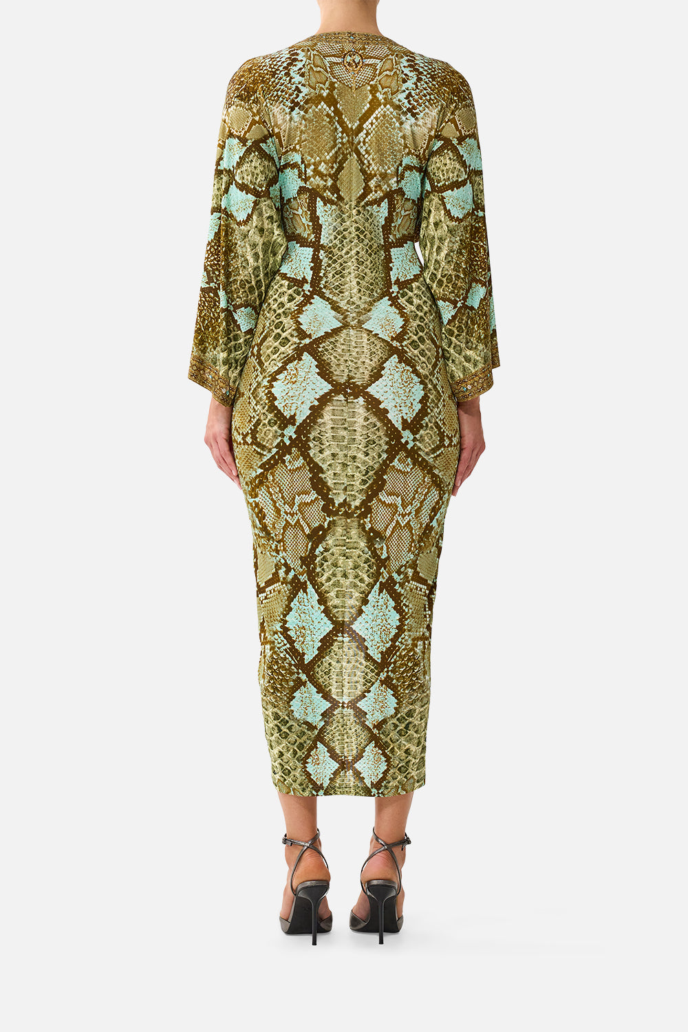 The CAMILLA Long Split Front Twist Dress in Print My Sweet Serpentine. Model View