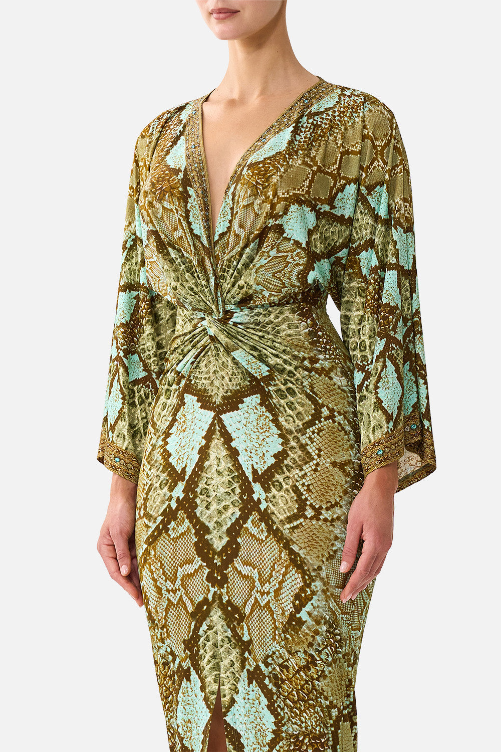 The CAMILLA Long Split Front Twist Dress in Print My Sweet Serpentine. Model View