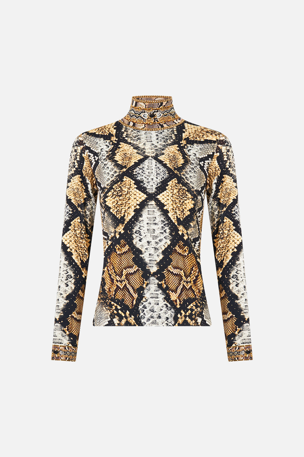 The CAMILLA Jersey Turtleneck in Print Animalia Heirlooms. Ghost View Front