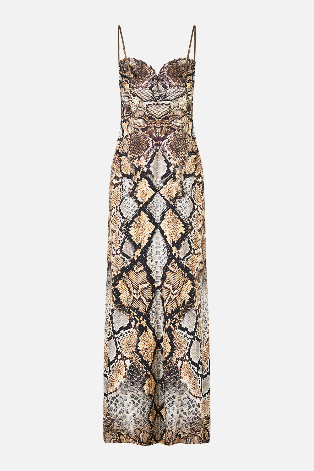 The CAMILLA Slim Fitting Long Dress With Eyelet Detail in Print Animalia Heirlooms. Ghost View Back