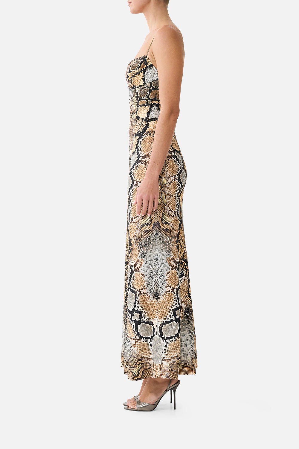 The CAMILLA Slim Fitting Long Dress With Eyelet Detail in Print Animalia Heirlooms. Model View