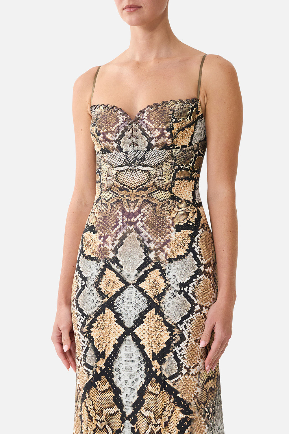 The CAMILLA Slim Fitting Long Dress With Eyelet Detail in Print Animalia Heirlooms. Model View