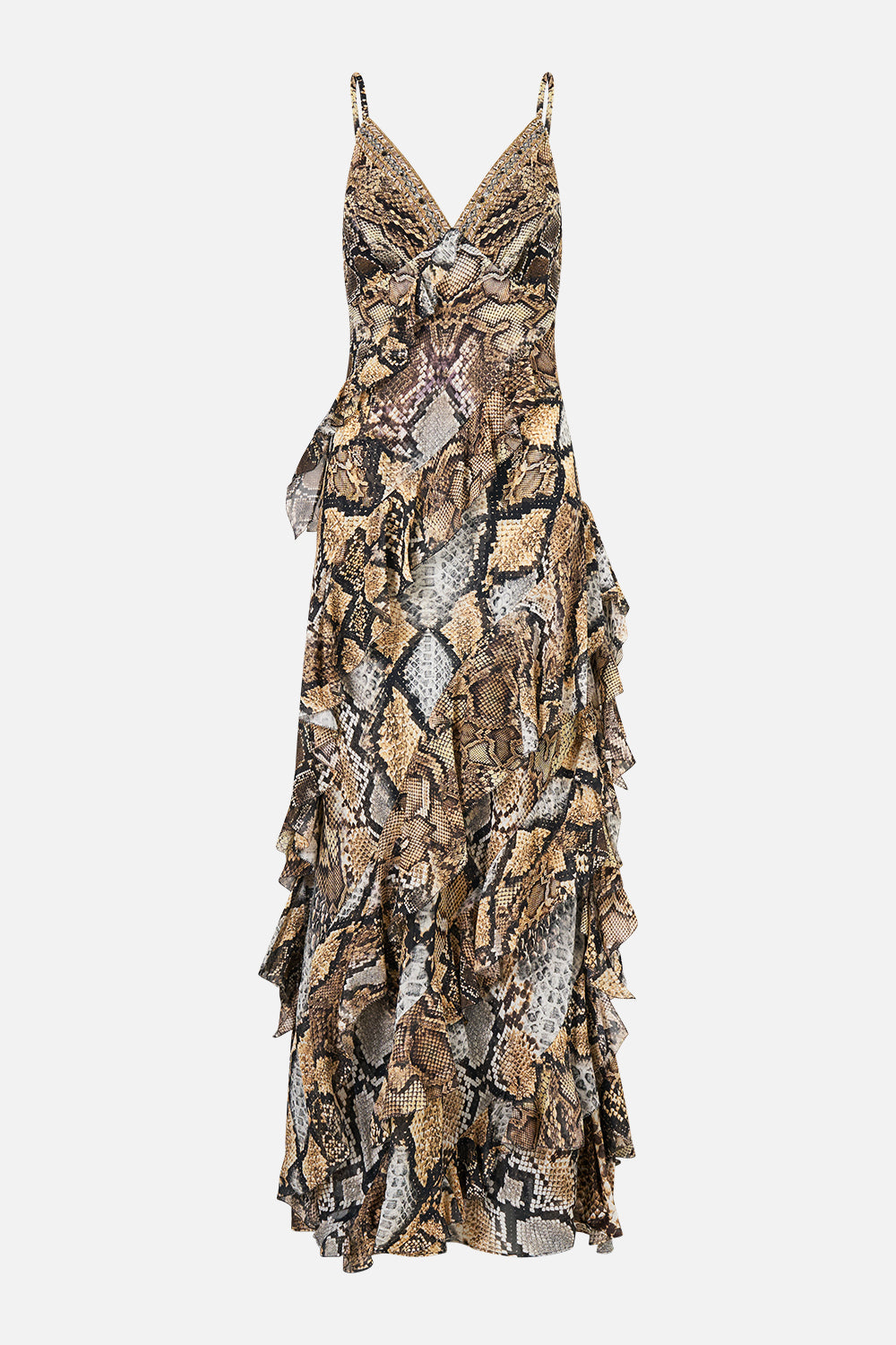 The CAMILLA Asymmetrical Ruffle Slip Dress in Print Animalia Heirlooms. Ghost View Front