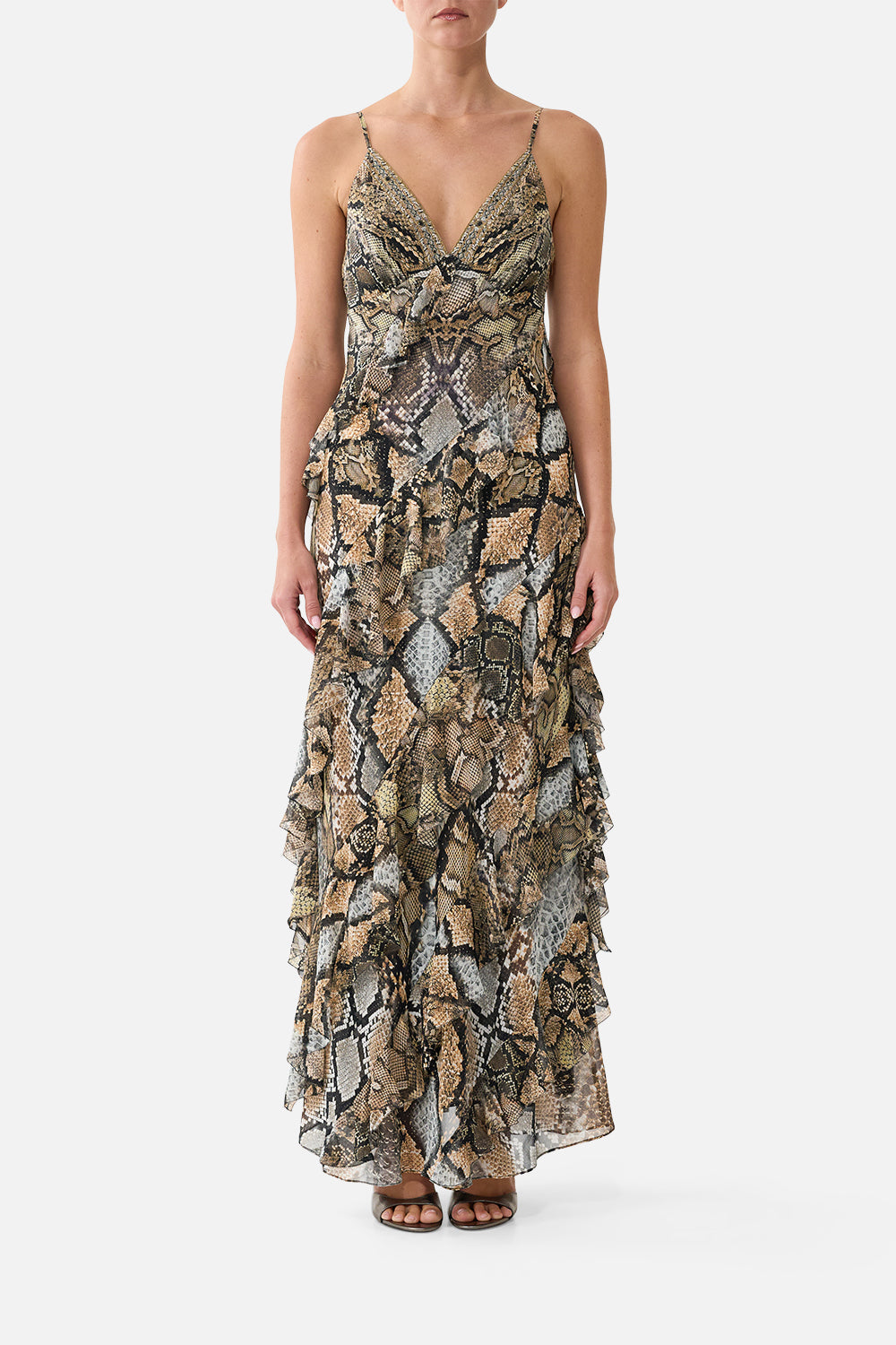 The CAMILLA Asymmetrical Ruffle Slip Dress in Print Animalia Heirlooms. Model View