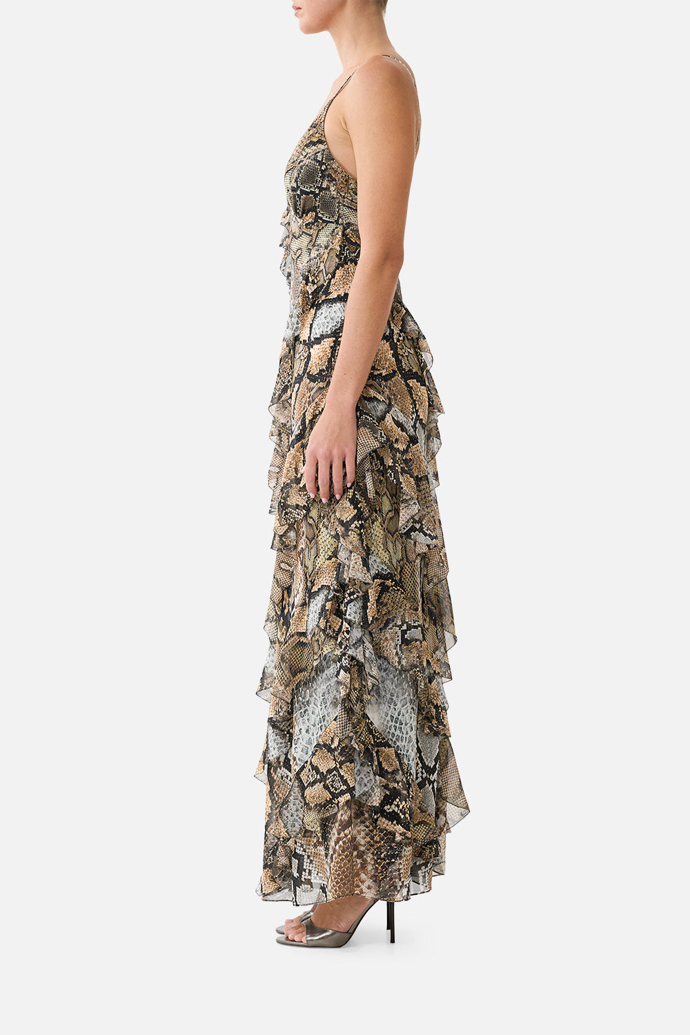 The CAMILLA Asymmetrical Ruffle Slip Dress in Print Animalia Heirlooms. Model View