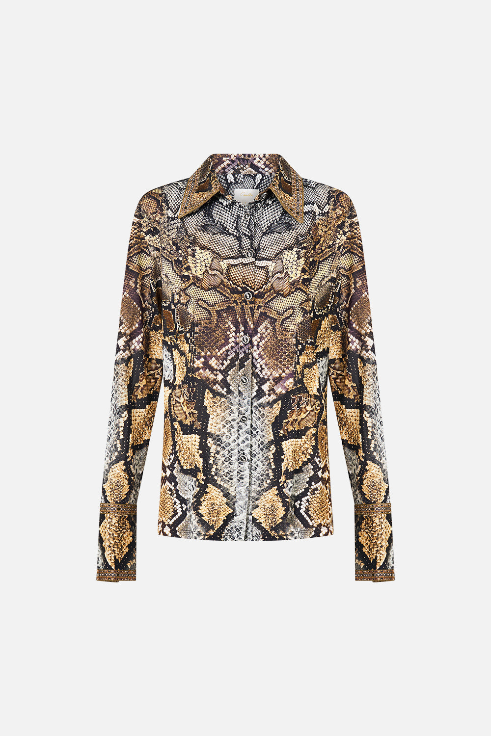 The CAMILLA Long Sleeve Jersey Shirt in Print Animalia Heirlooms. Ghost View Front