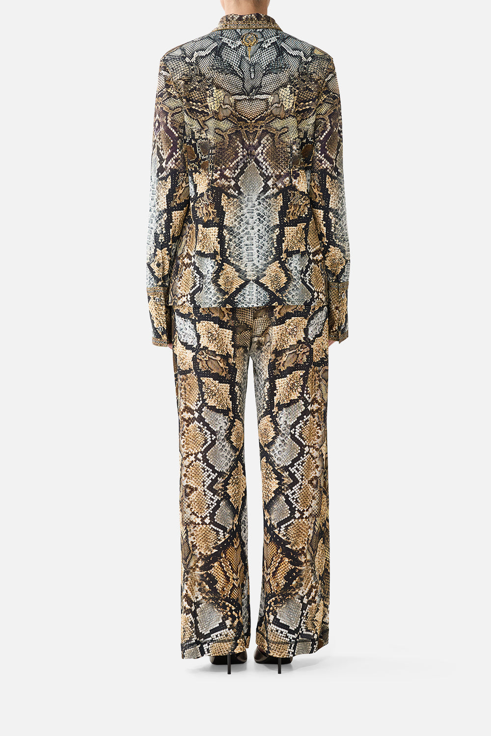 The CAMILLA Long Sleeve Jersey Shirt in Print Animalia Heirlooms. Model View