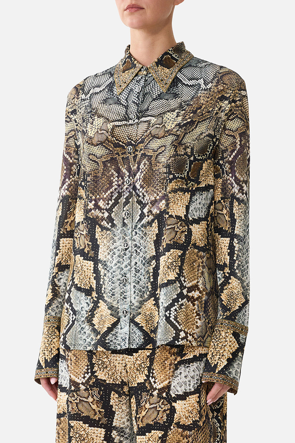 The CAMILLA Long Sleeve Jersey Shirt in Print Animalia Heirlooms. Model View