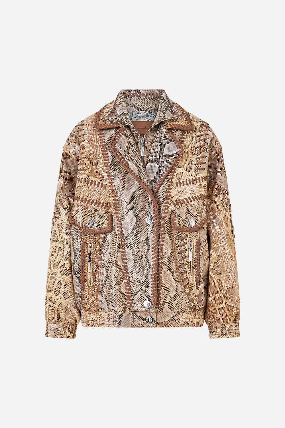 The CAMILLA Double Collared Oversized Leather Jacket in Print Animalia Heirlooms. Ghost View Front