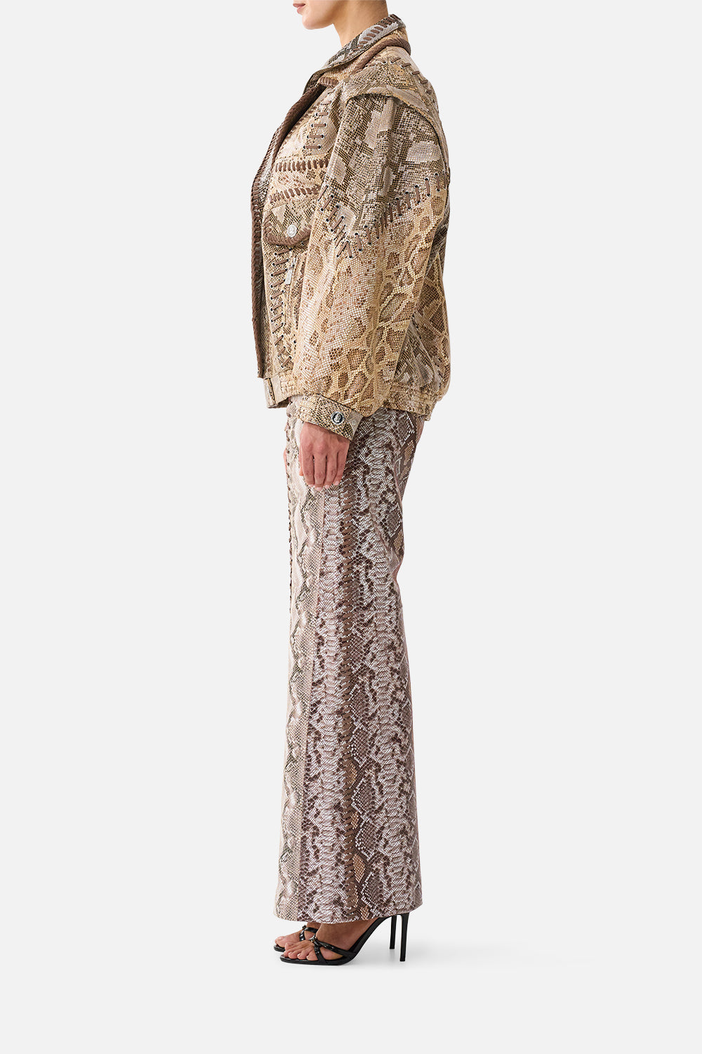 The CAMILLA Double Collared Oversized Leather Jacket in Print Animalia Heirlooms. Model View