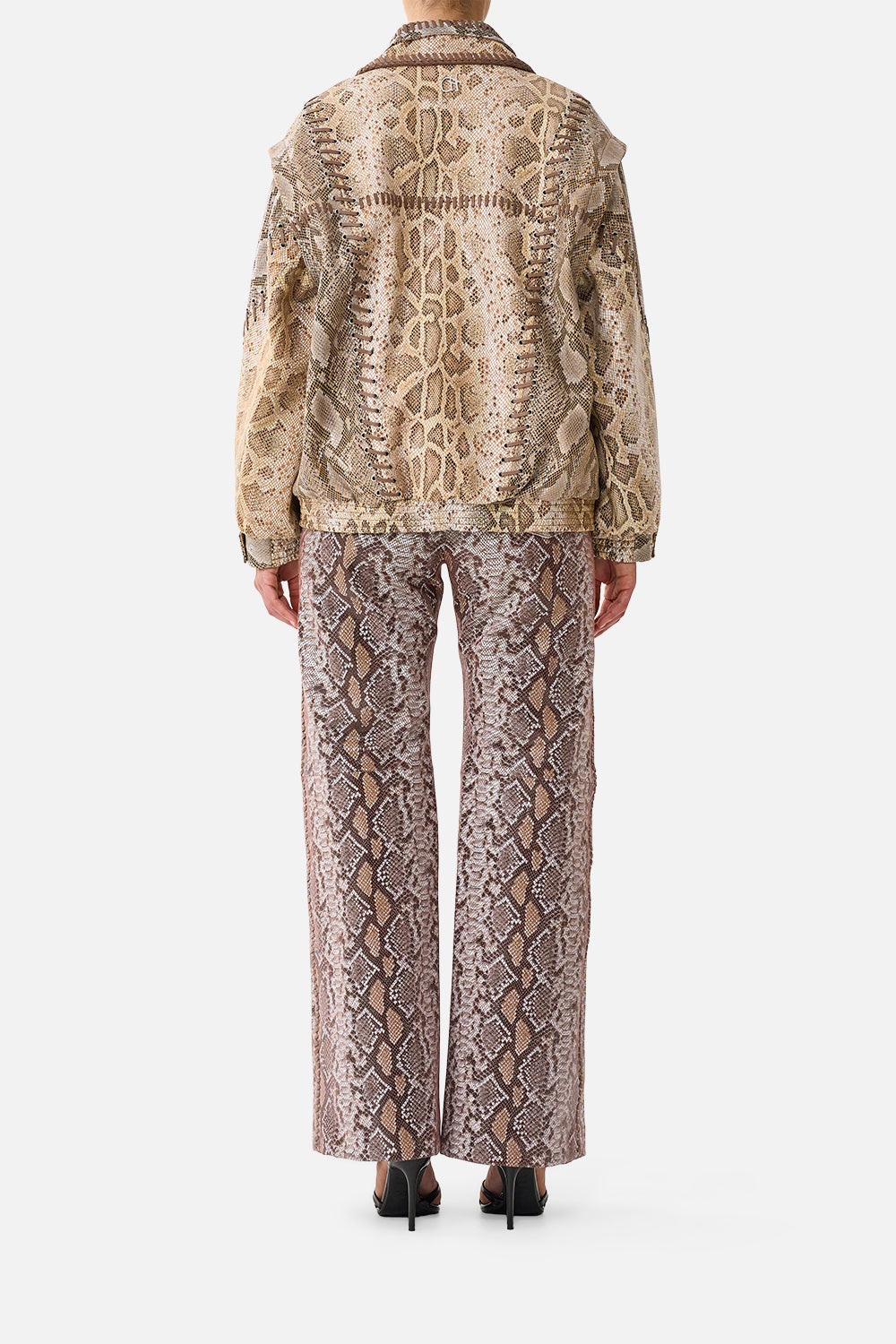 The CAMILLA Double Collared Oversized Leather Jacket in Print Animalia Heirlooms. Model View