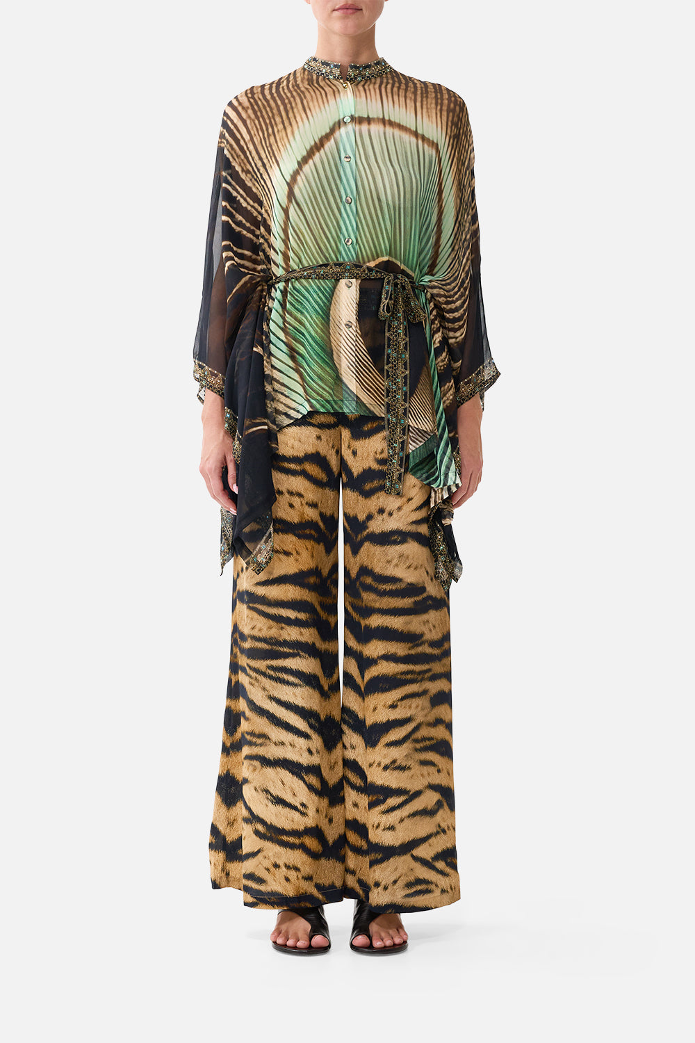 The CAMILLA Button Through Scarf Blouse in Print A Wink to the Wild. Model View