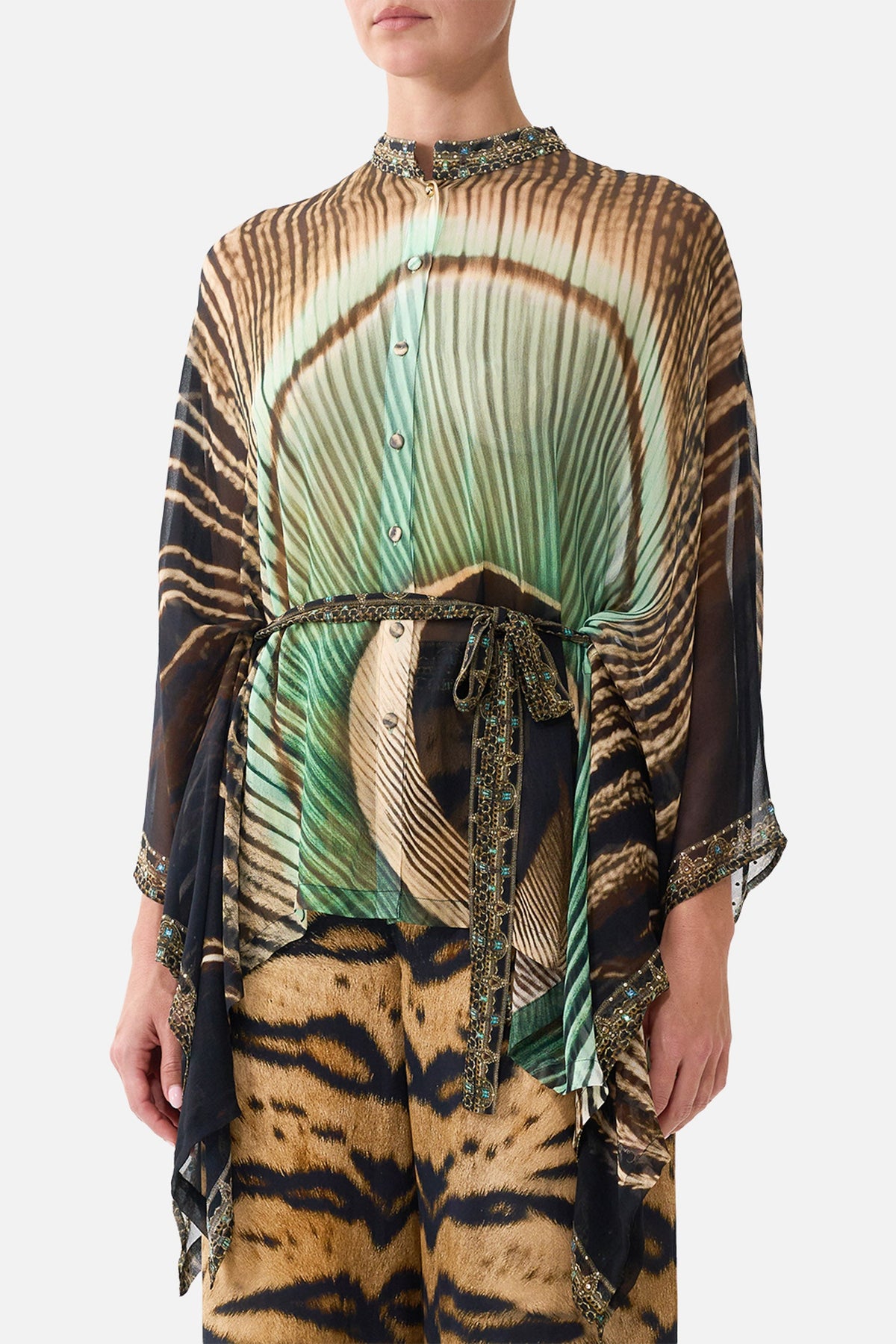 The CAMILLA Button Through Scarf Blouse in Print A Wink to the Wild. Model View