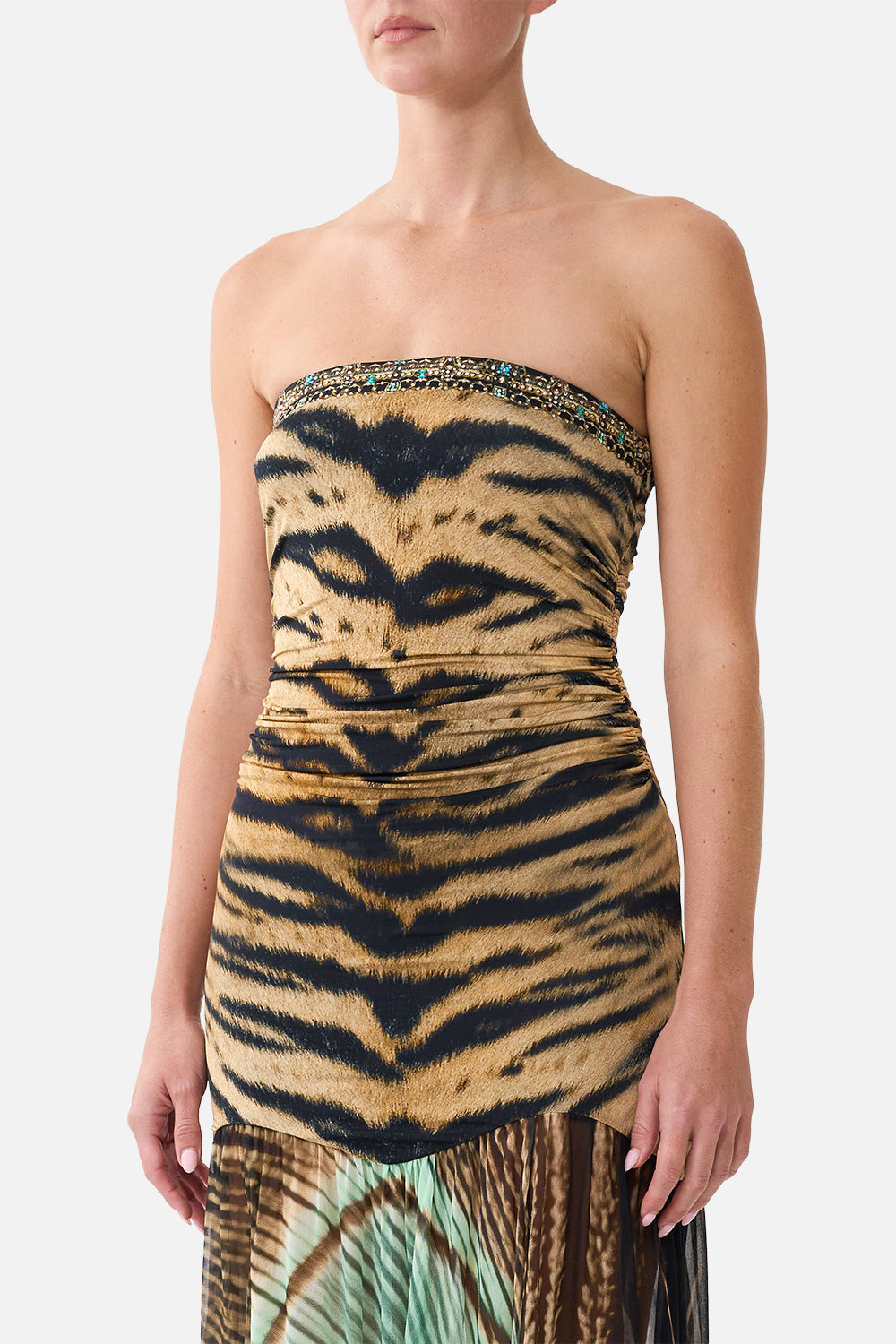 The Strapless Jersey Dress With Silk Panel in print A Wink To The Wild