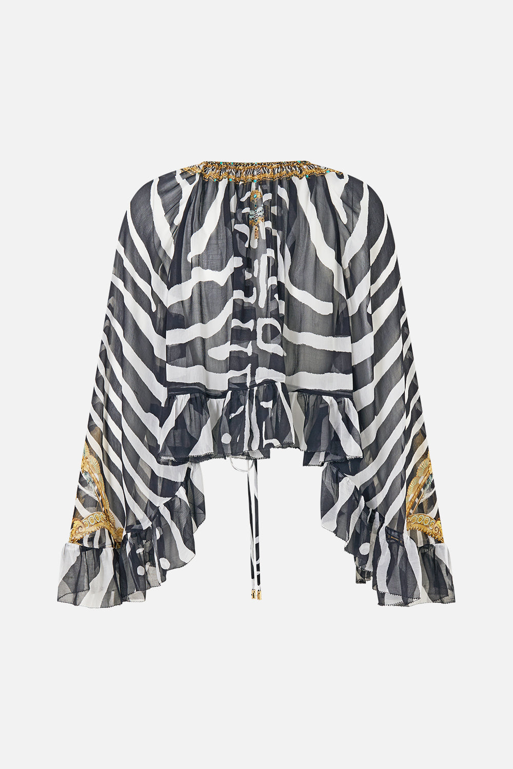 The CAMILLA Crop Ruffle Top in Print Zig Zag Zoo. Ghost View Back