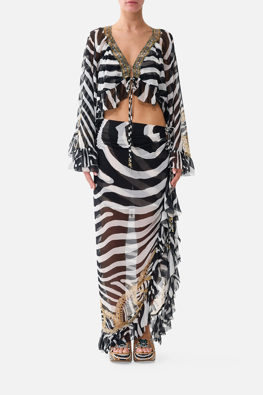 The CAMILLA Crop Ruffle Top in Print Zig Zag Zoo. Model View
