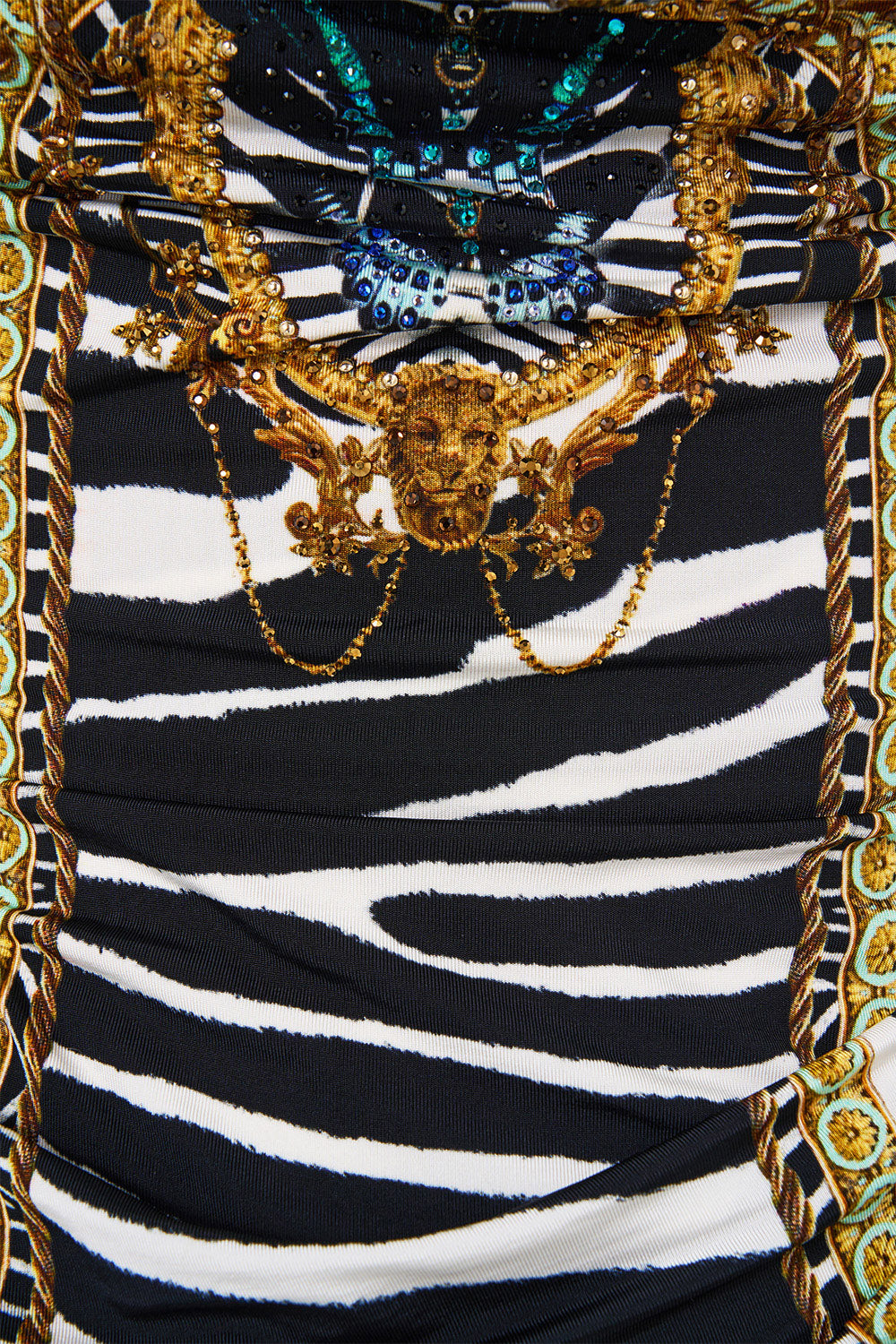 The CAMILLA Drape Jersey Mini Dress in Print Zig Zag Zoo. Ghost View