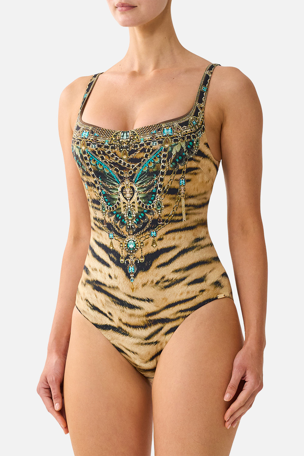 The CAMILLA Underwire Square Neck One Piece W/ Scoop Back in Print A Wink to the Wild. Model View