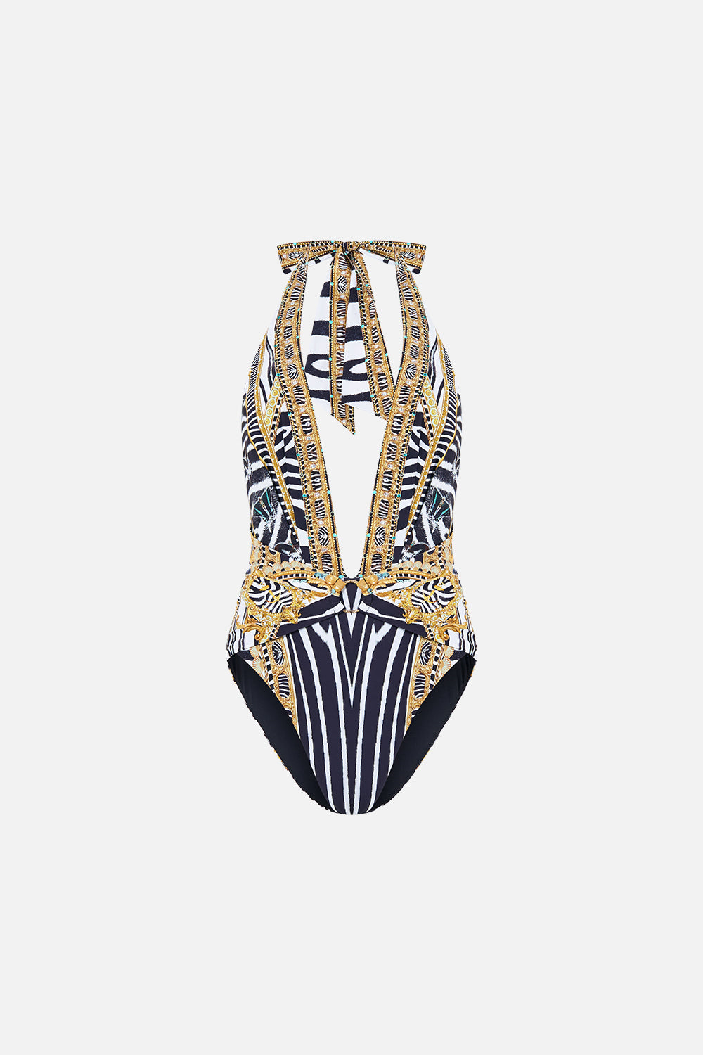 PLUNGE HALTER ONE PIECE W PLEATED WAIST TRIM ZIG ZAG ZOO