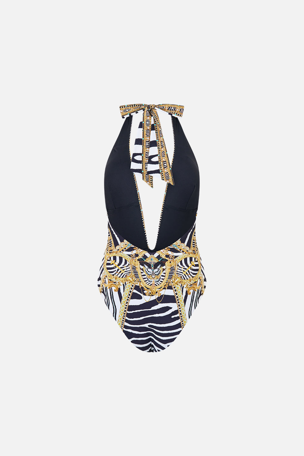 The CAMILLA Plunge Halter One Piece W/ Pleated Waist Trim in Print Zig Zag Zoo. Ghost View Back
