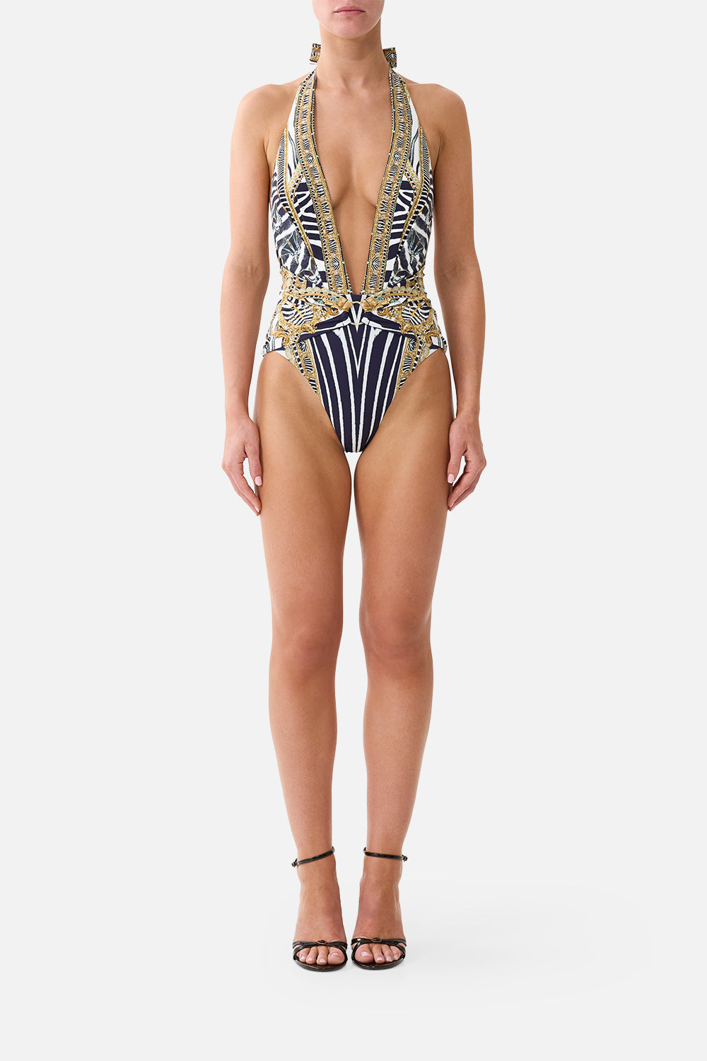 The Plunge Halter One Piece With Pleated Waist Trim in print Zig Zag Zoo