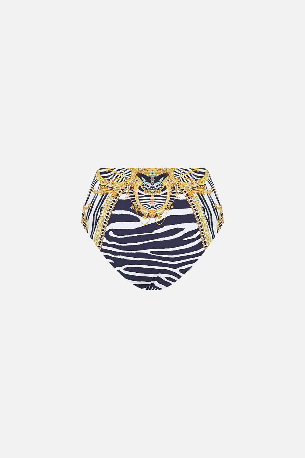 The CAMILLA High Waist Bikini Bottom W/ Pleat Waist Trim in Print Zig Zag Zoo. Ghost View Back