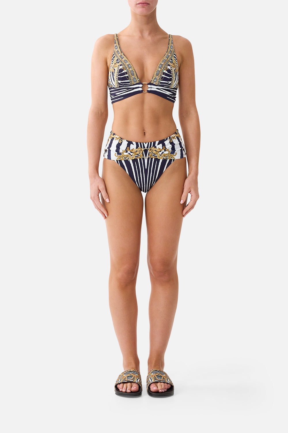 The CAMILLA High Waist Bikini Bottom W/ Pleat Waist Trim in Print Zig Zag Zoo. Model View