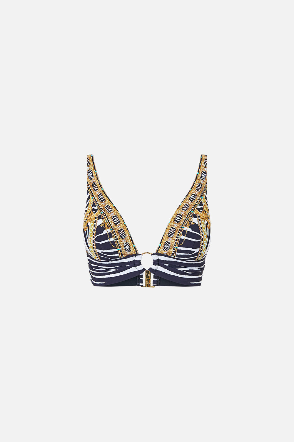 The CAMILLA Pleated High Tri Bikini Top W/ Front Trim in Print Zig Zag Zoo. Ghost View Front