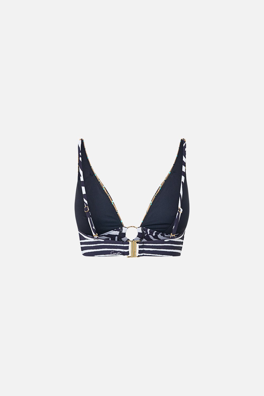 The CAMILLA Pleated High Tri Bikini Top W/ Front Trim in Print Zig Zag Zoo. Ghost View Back