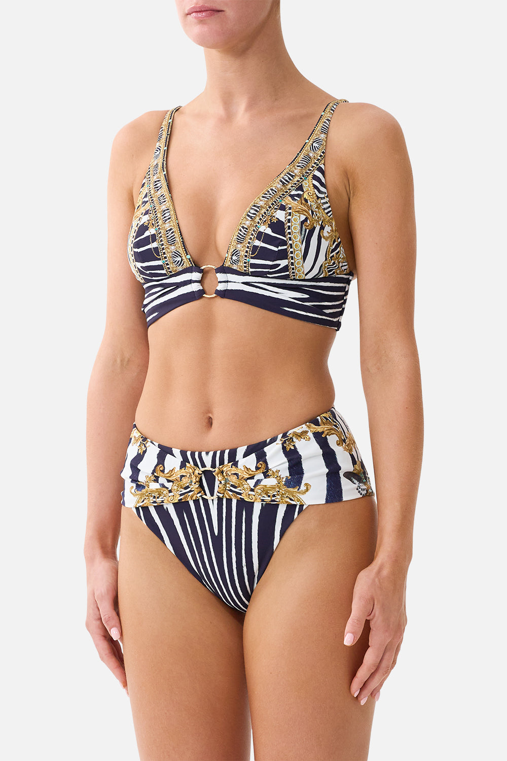 The CAMILLA Pleated High Tri Bikini Top W/ Front Trim in Print Zig Zag Zoo. Model View