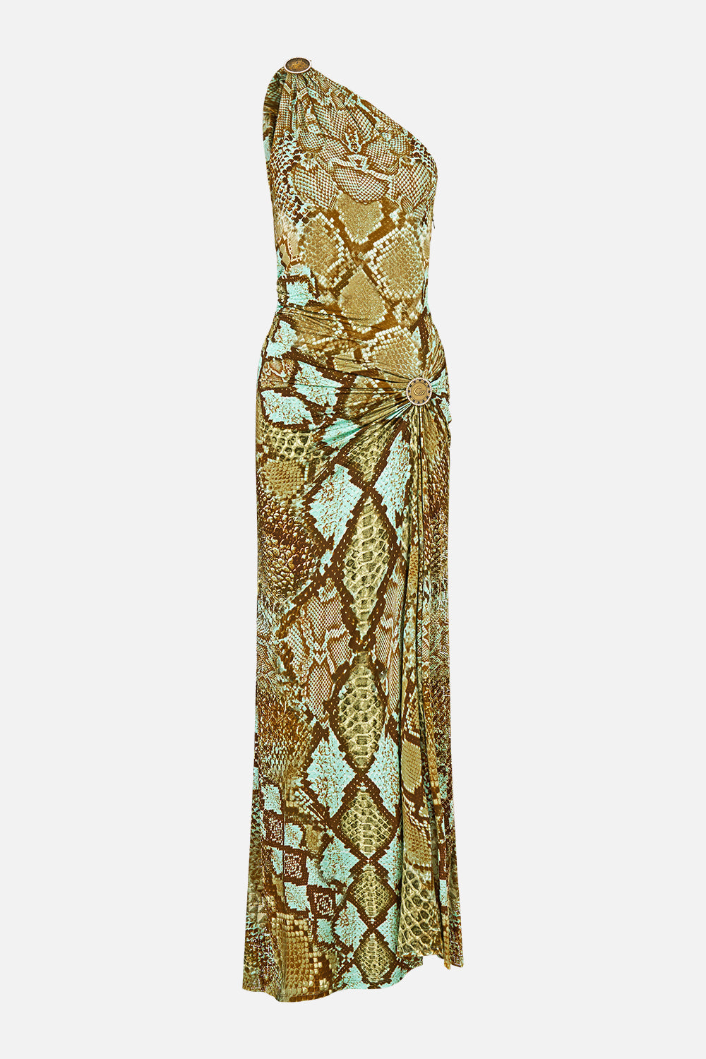 The CAMILLA One Shoulder Asymmetric Ruched Dress in Print My Sweet Serpentine. Ghost View Front