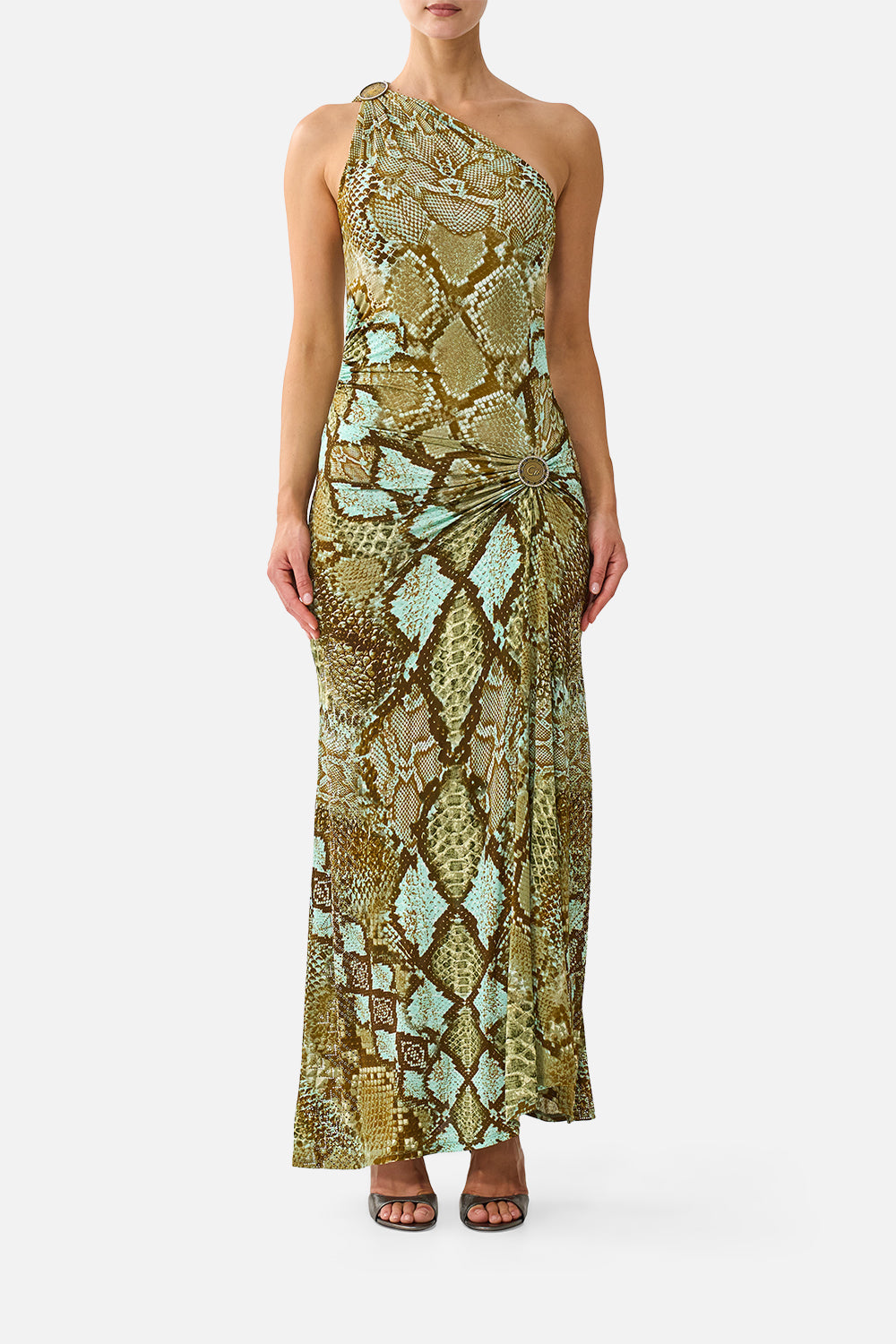 The CAMILLA One Shoulder Asymmetric Ruched Dress in Print My Sweet Serpentine. Model View