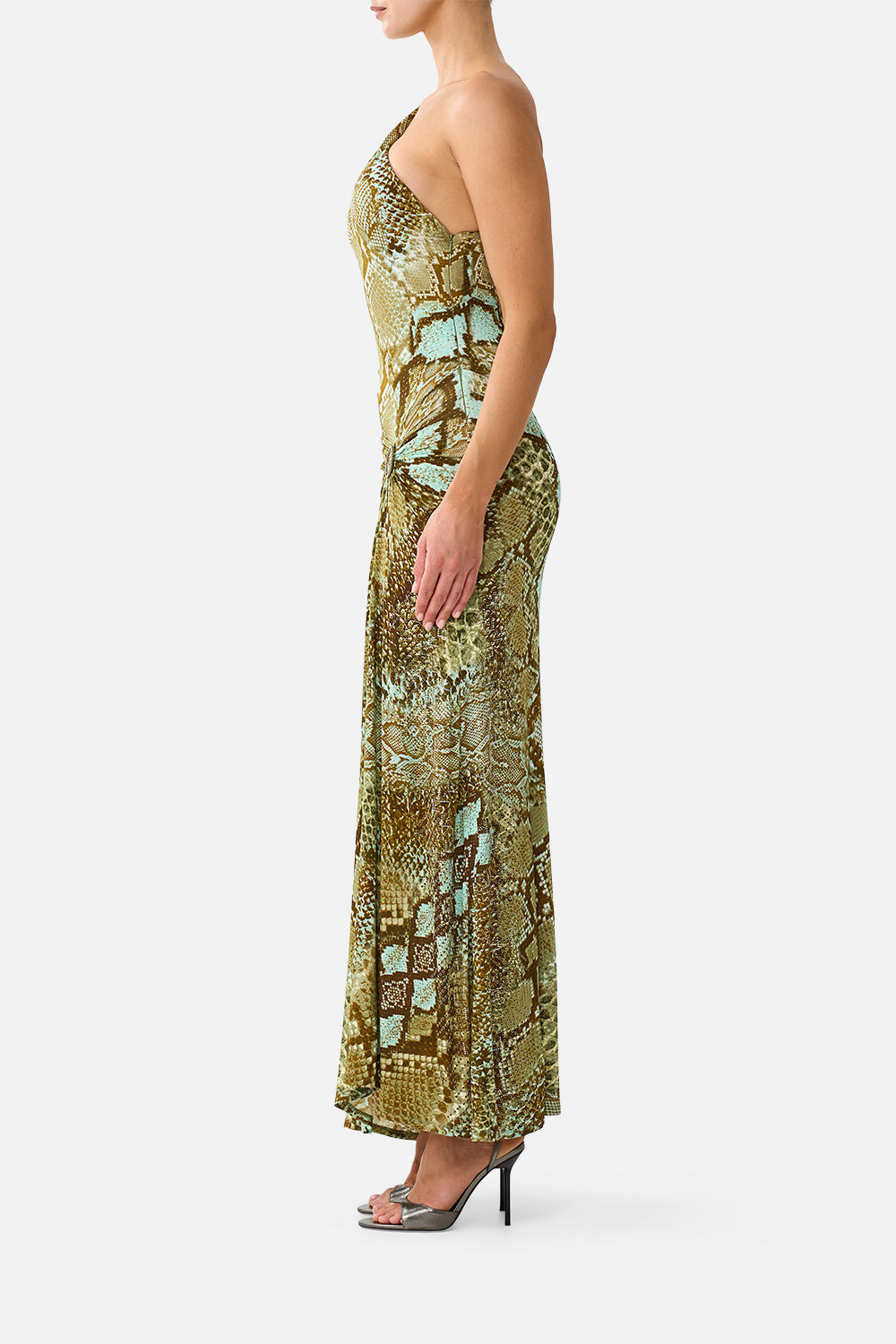 The CAMILLA One Shoulder Asymmetric Ruched Dress in Print My Sweet Serpentine. Model View