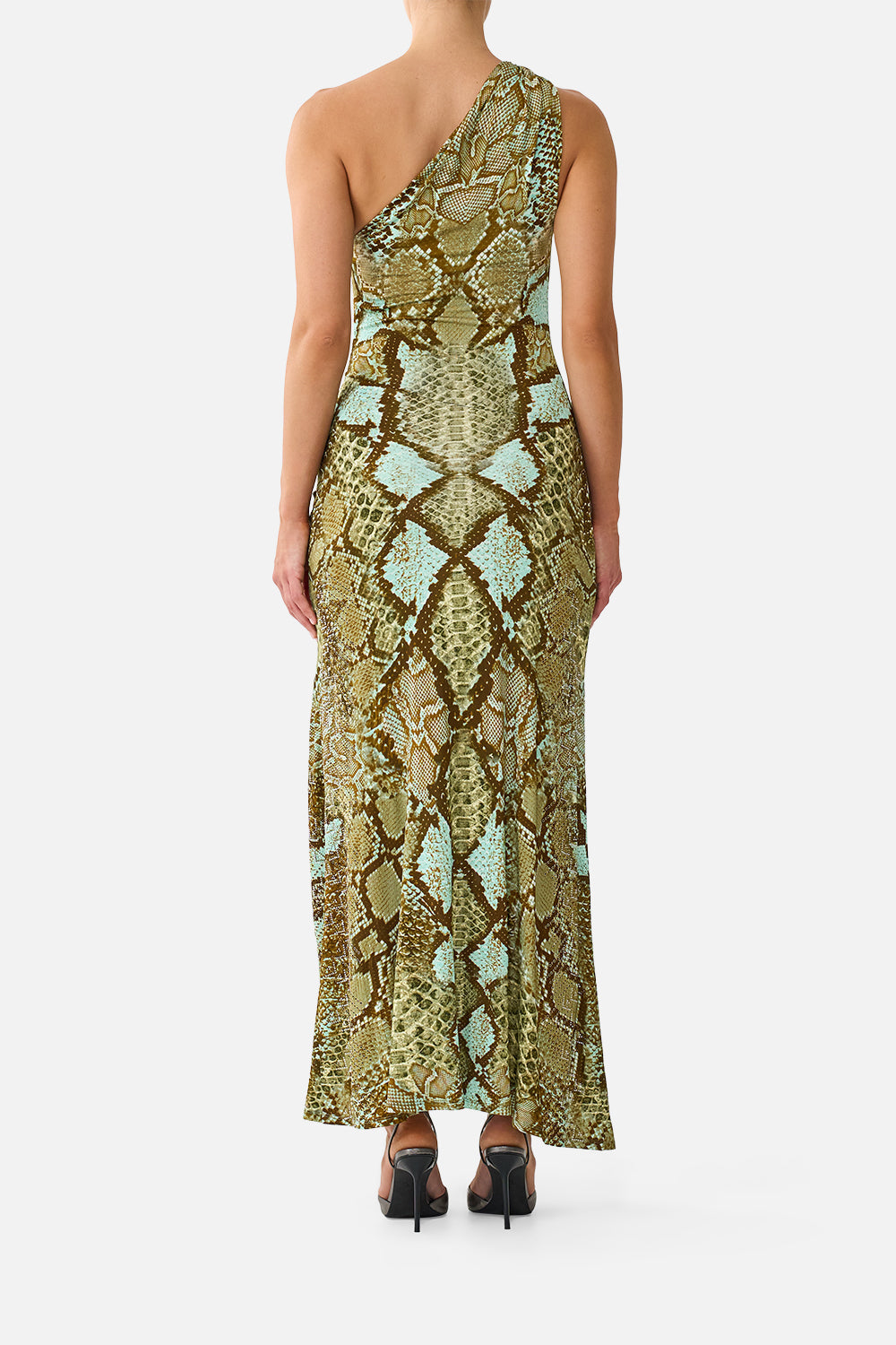The CAMILLA One Shoulder Asymmetric Ruched Dress in Print My Sweet Serpentine. Model View