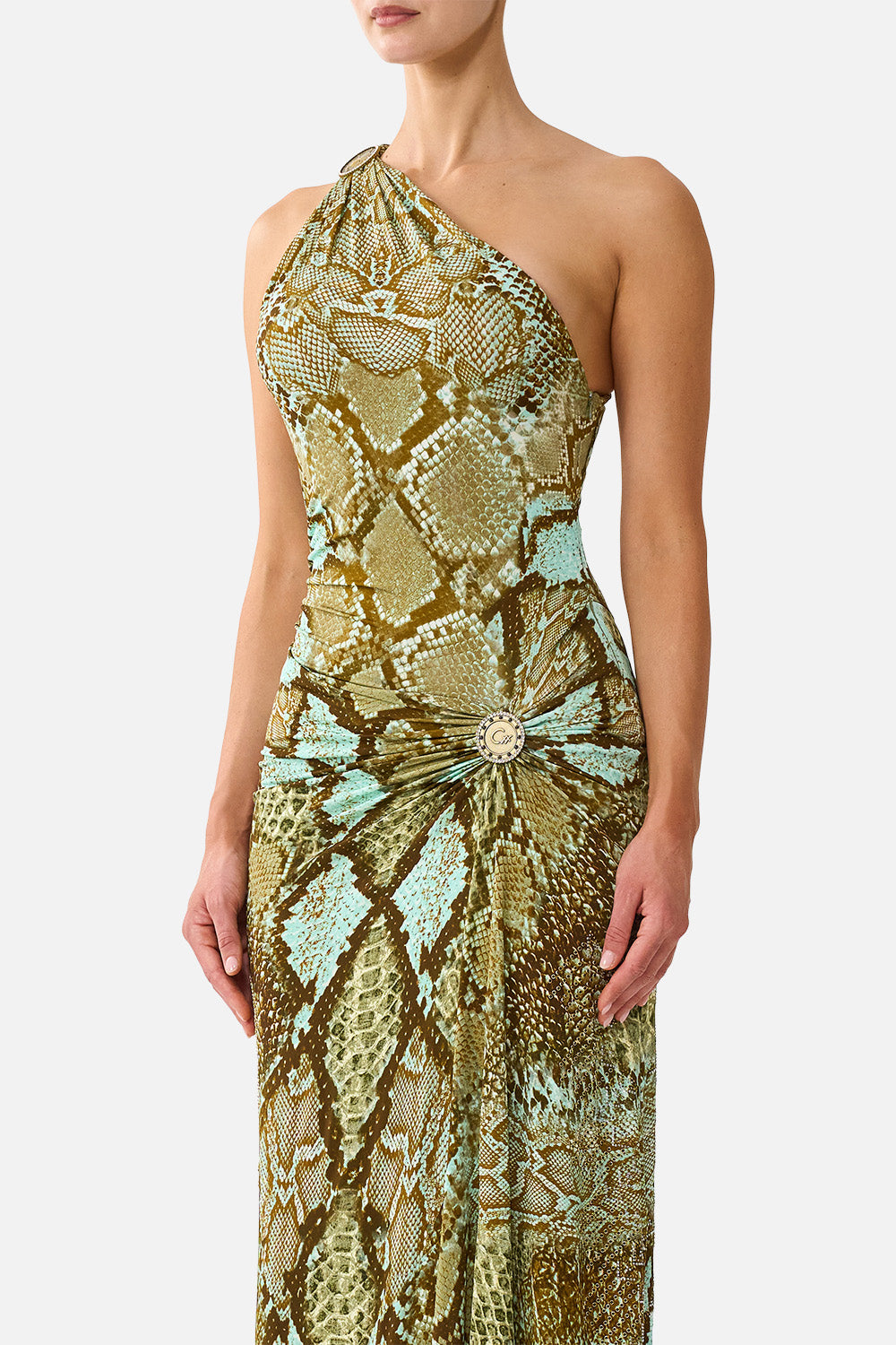 The CAMILLA One Shoulder Asymmetric Ruched Dress in Print My Sweet Serpentine. Model View