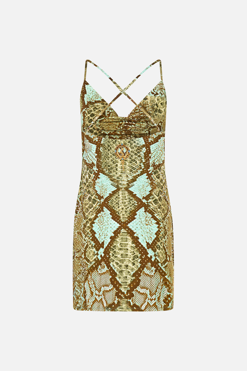 The CAMILLA Drape Jersey Mini Dress in Print My Sweet Serpentine. Ghost View Back