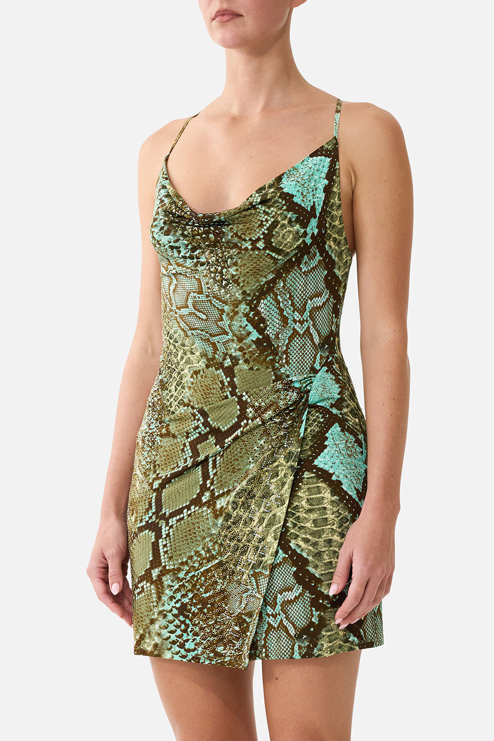 The CAMILLA Drape Jersey Mini Dress in Print My Sweet Serpentine. Model View