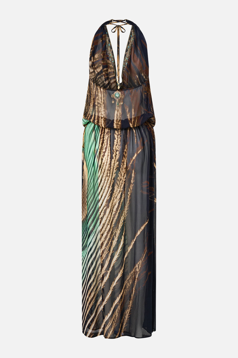 The CAMILLA Drape Front Drawcord Maxi Dress in Print A Wink to the Wild. Ghost View Back
